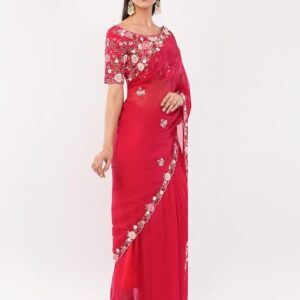 Embroidered Red Silk Saree with Floral Detailing